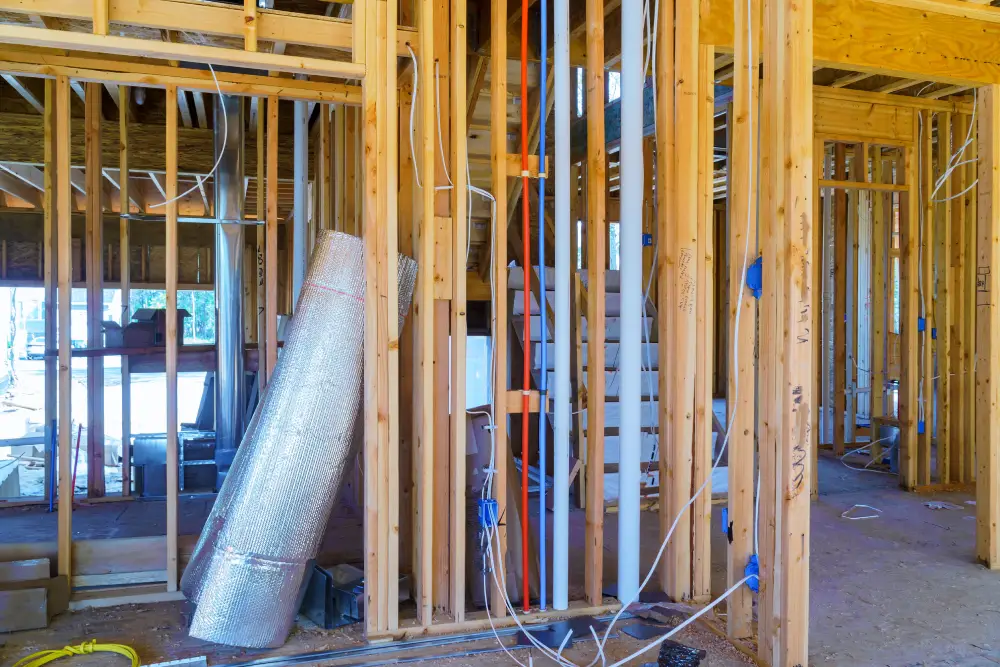 Wooden frames, cables, and other materials used in foundation repairs.