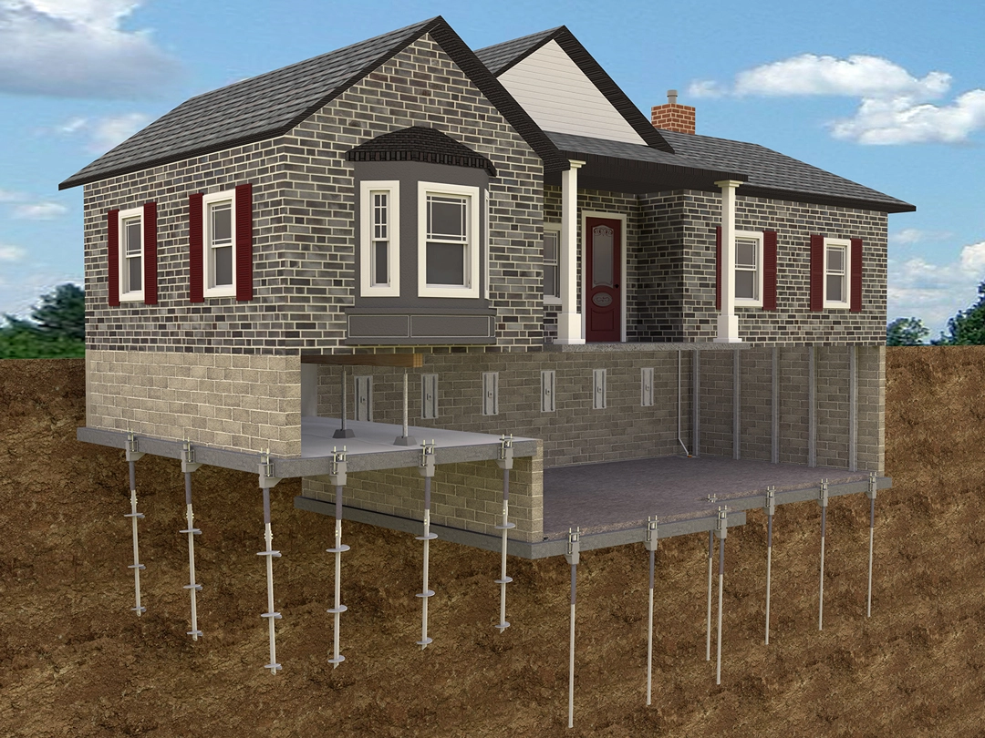 Rendered model of a house with foundation piers.