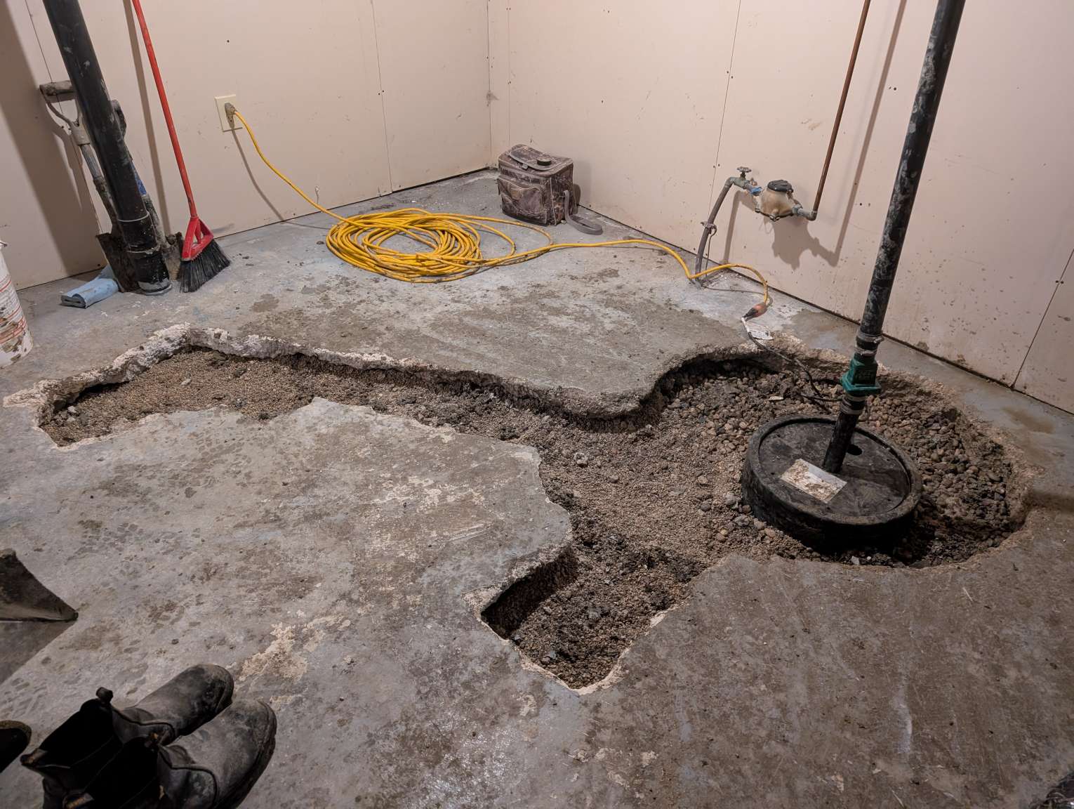 Dry basement interior after waterproofing contractors completed repairs